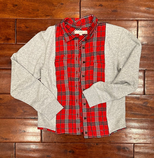 Red and Plaid Button-Up Flannel Sweatshirt - XS to S