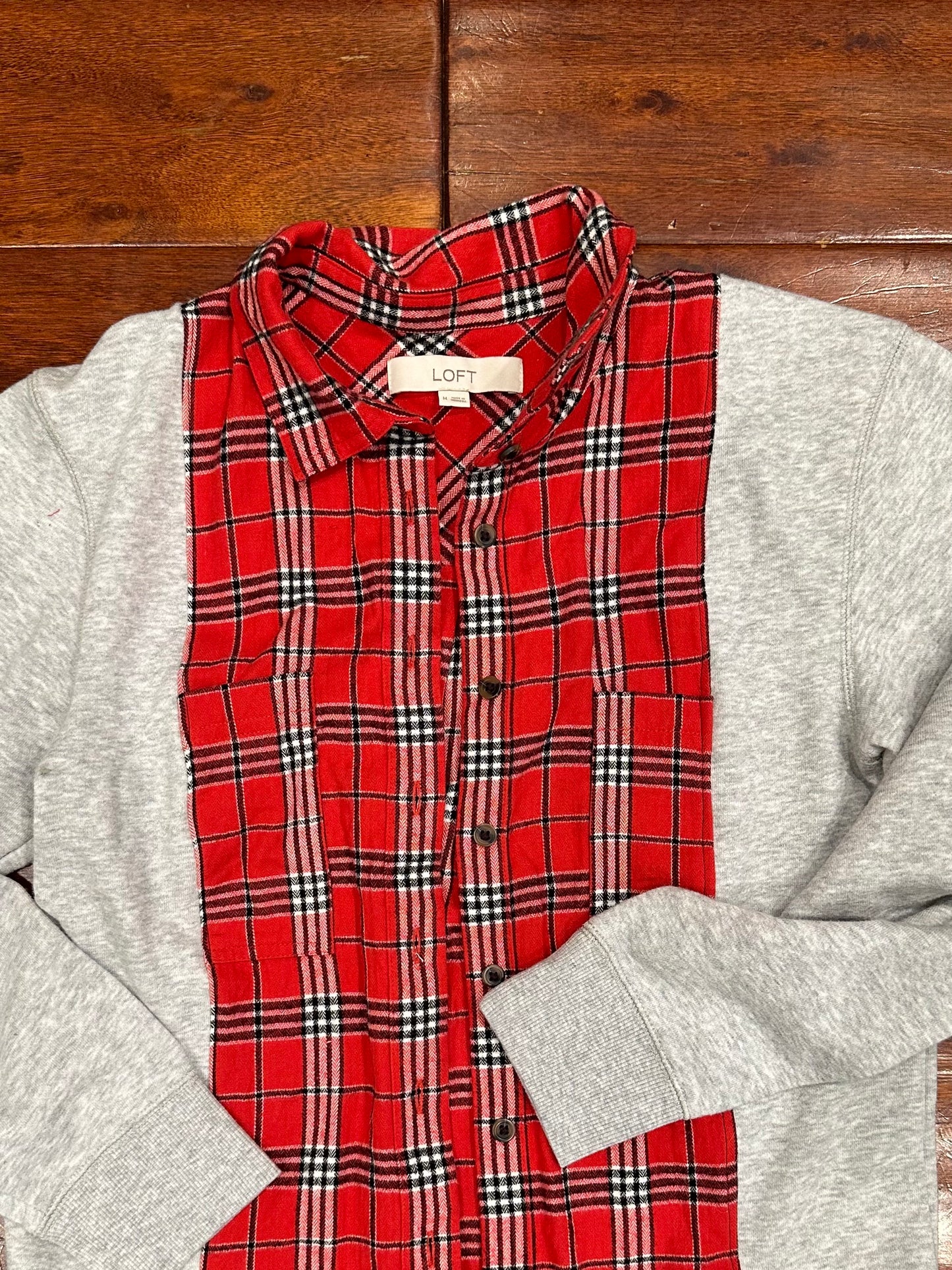 Red and Plaid Button-Up Flannel Sweatshirt - XS to S